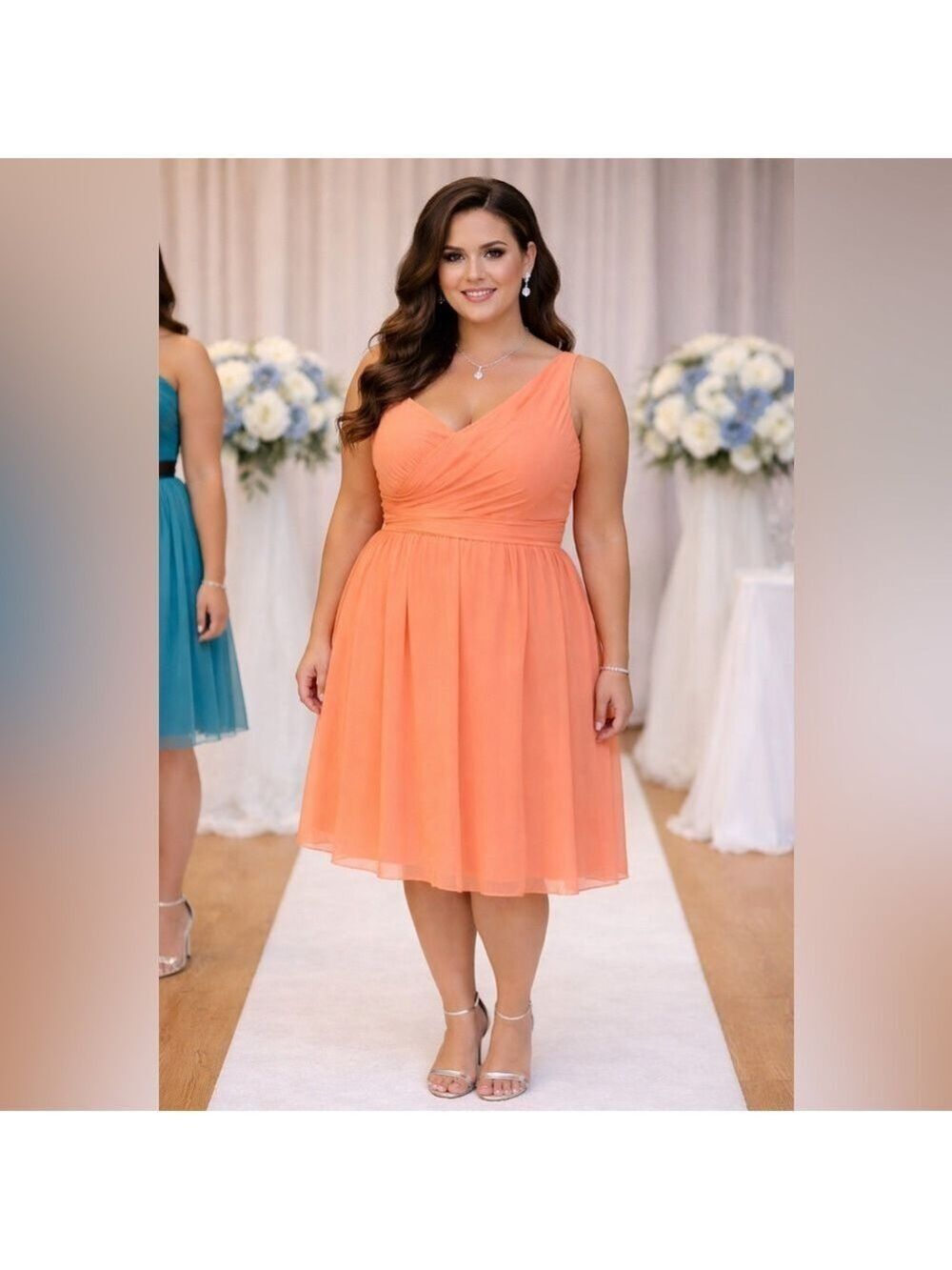 Size 28 28w Orange Bridesmaid Homecoming One shoulder chiffon knee length dress